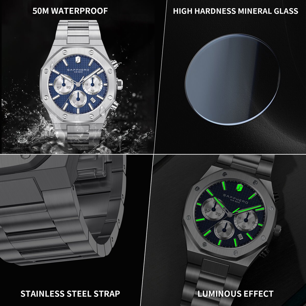 sapphero men's watch waterproof watch chronograph function date glowing hands stainless steel watch business watch for men gift sapphero men's watch waterproof watch chronograph function date glowing hands stainless steel watch business watch for men gift