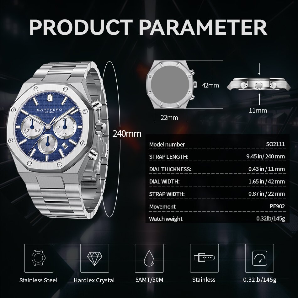 sapphero men's watch waterproof watch chronograph function date glowing hands stainless steel watch business watch for men gift sapphero men's watch waterproof watch chronograph function date glowing hands stainless steel watch business watch for men gift