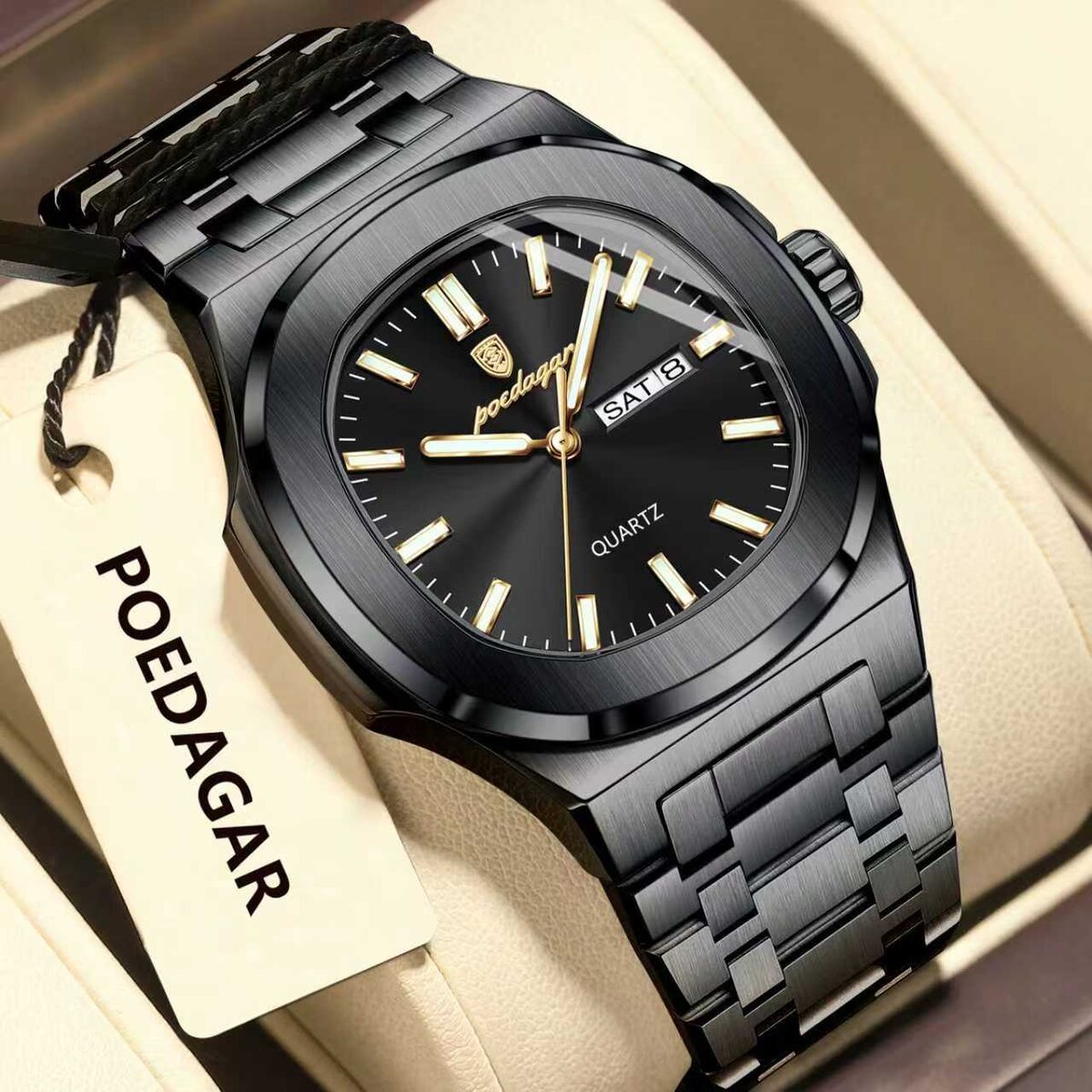 poedagar luxury square men's watches waterproof luminous date week men watch stainless steel fashion quartz man wristwatch reloj