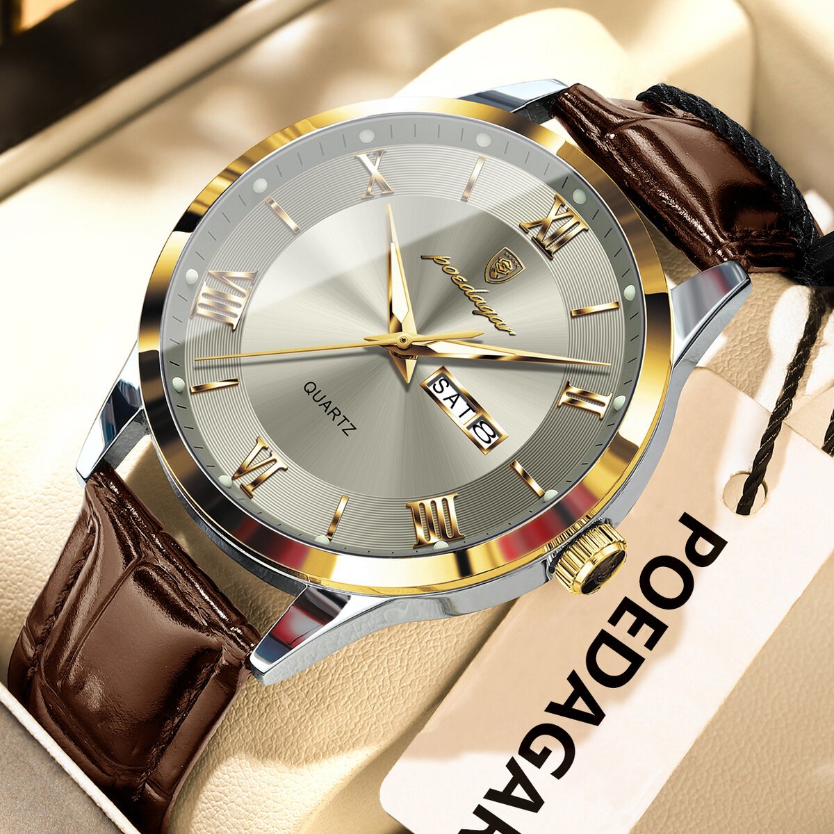poedagar original fashion watch for man leather date week quartz men watch waterproof luminous business men's watches male reloj