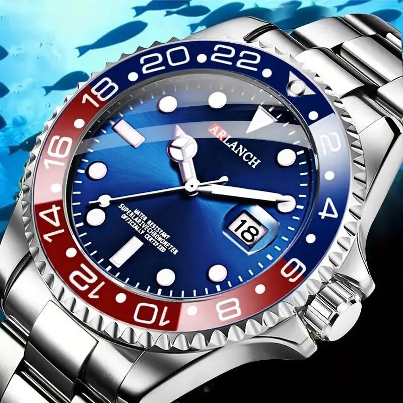 business stainless steel watch 40mm classic red blue circle diving series magnifying glass calendar quartz watches montre homme