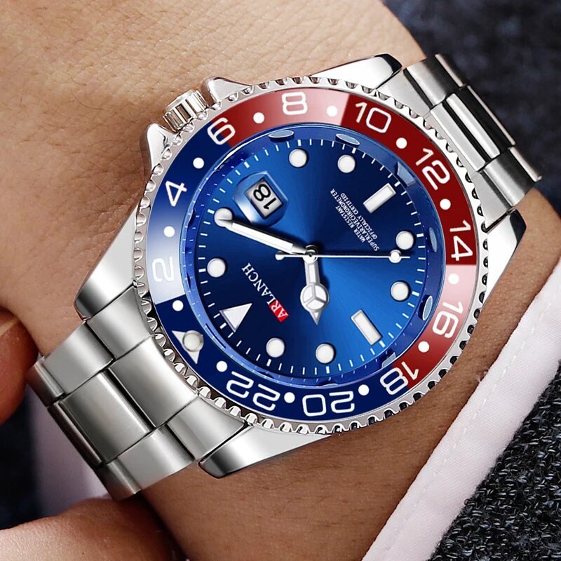business stainless steel watch 40mm classic red blue circle diving series magnifying glass calendar quartz watches montre homme business stainless steel watch 40mm classic red blue circle diving series magnifying glass calendar quartz watches montre homme